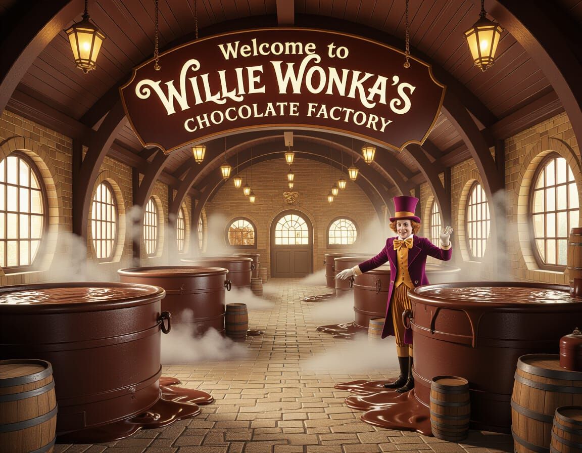 Inside Willie Wonka's Chocolate Factory in Kinkade Style