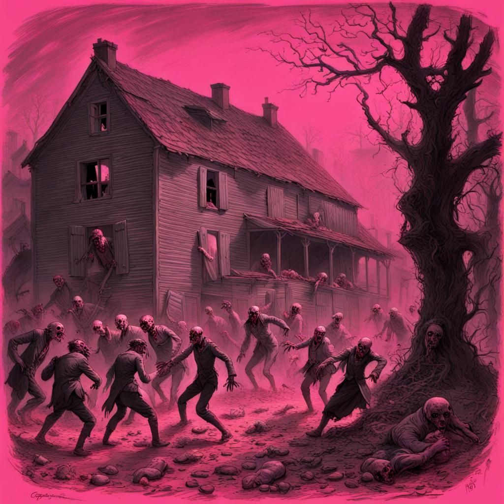 Pink Zombie Attack on Farmhouse in Doré Style