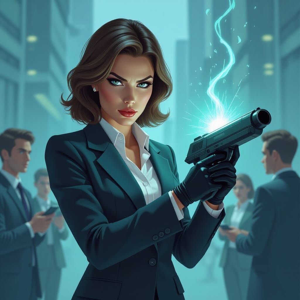 Stern Businesswoman Drains Energy in Cyberpunk Style