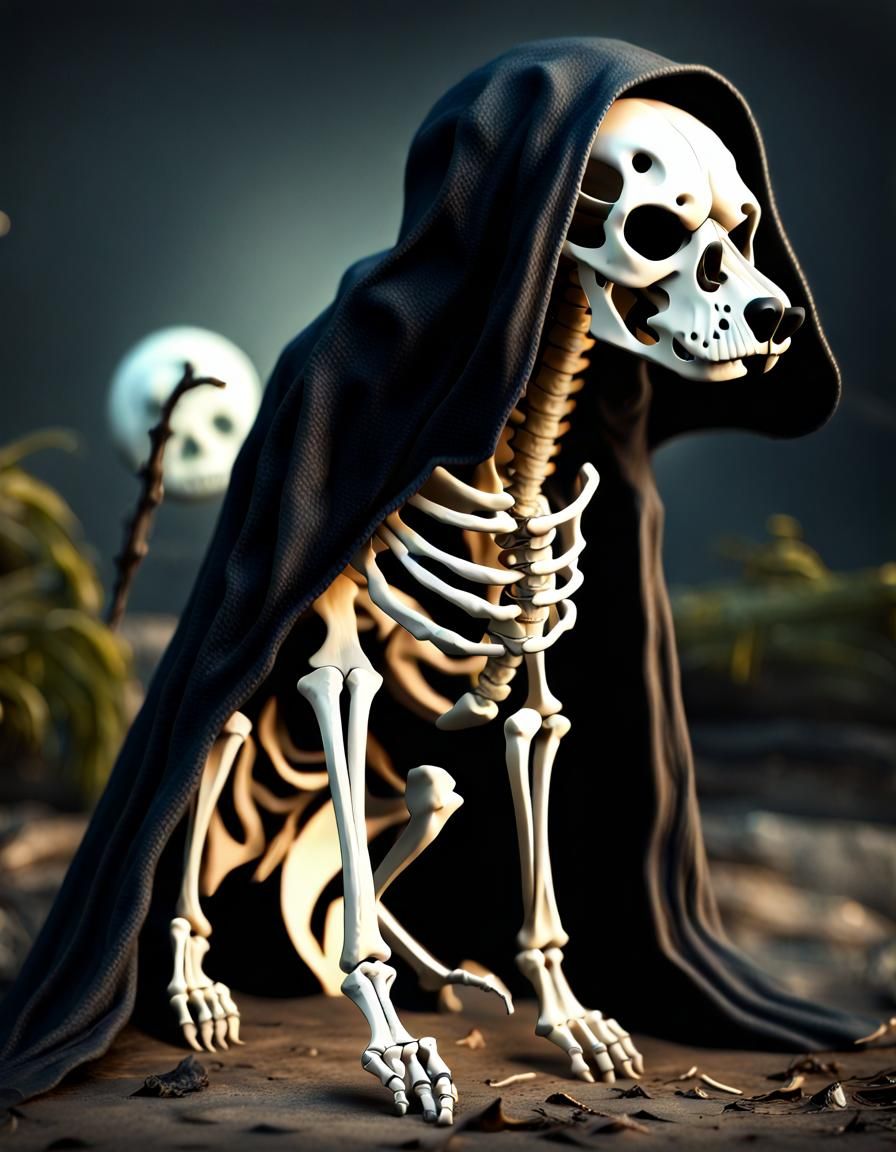 Dog Skeleton as Grim Reaper in Watercolor Style