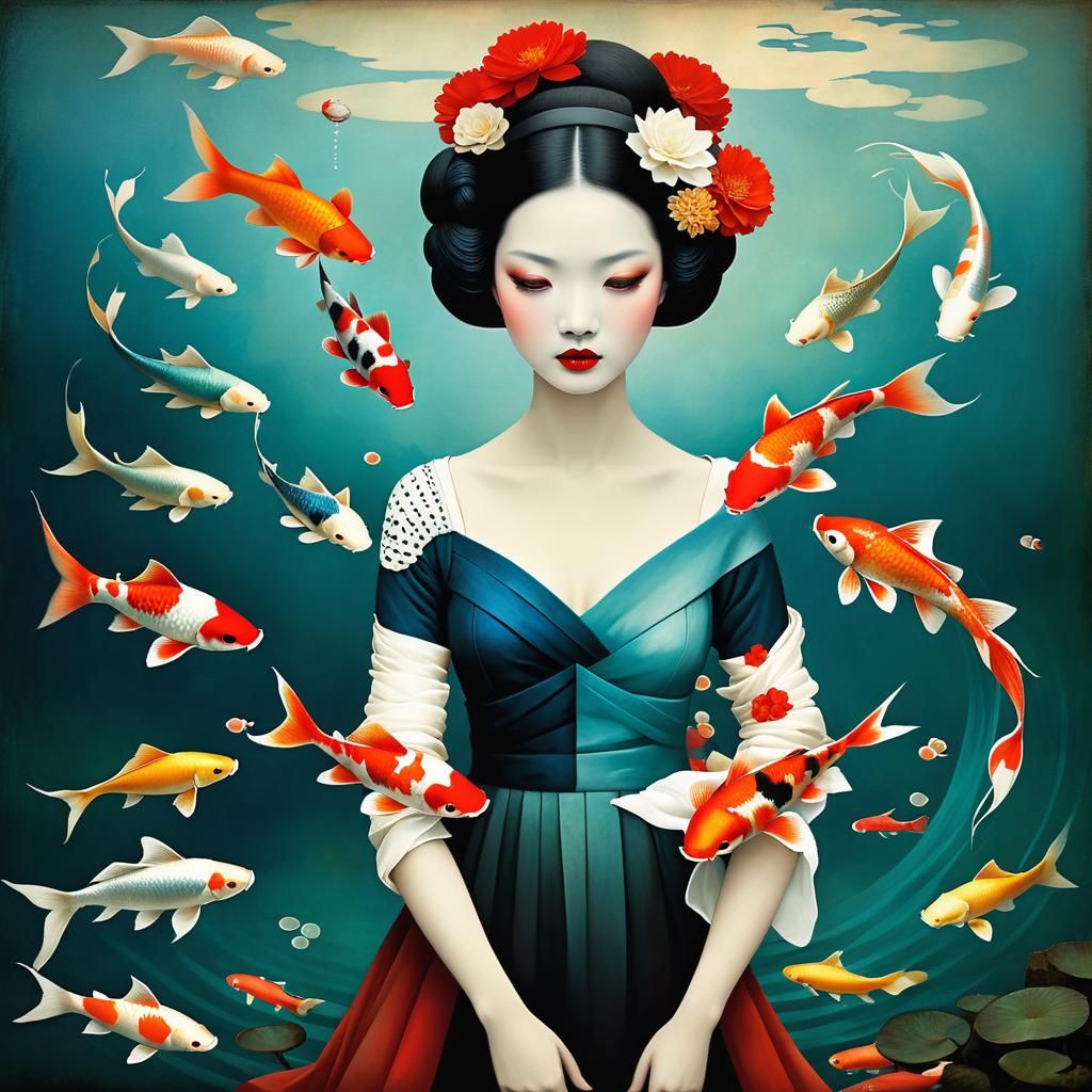 Surreal Woman and Koi Fish, Dreamlike Art