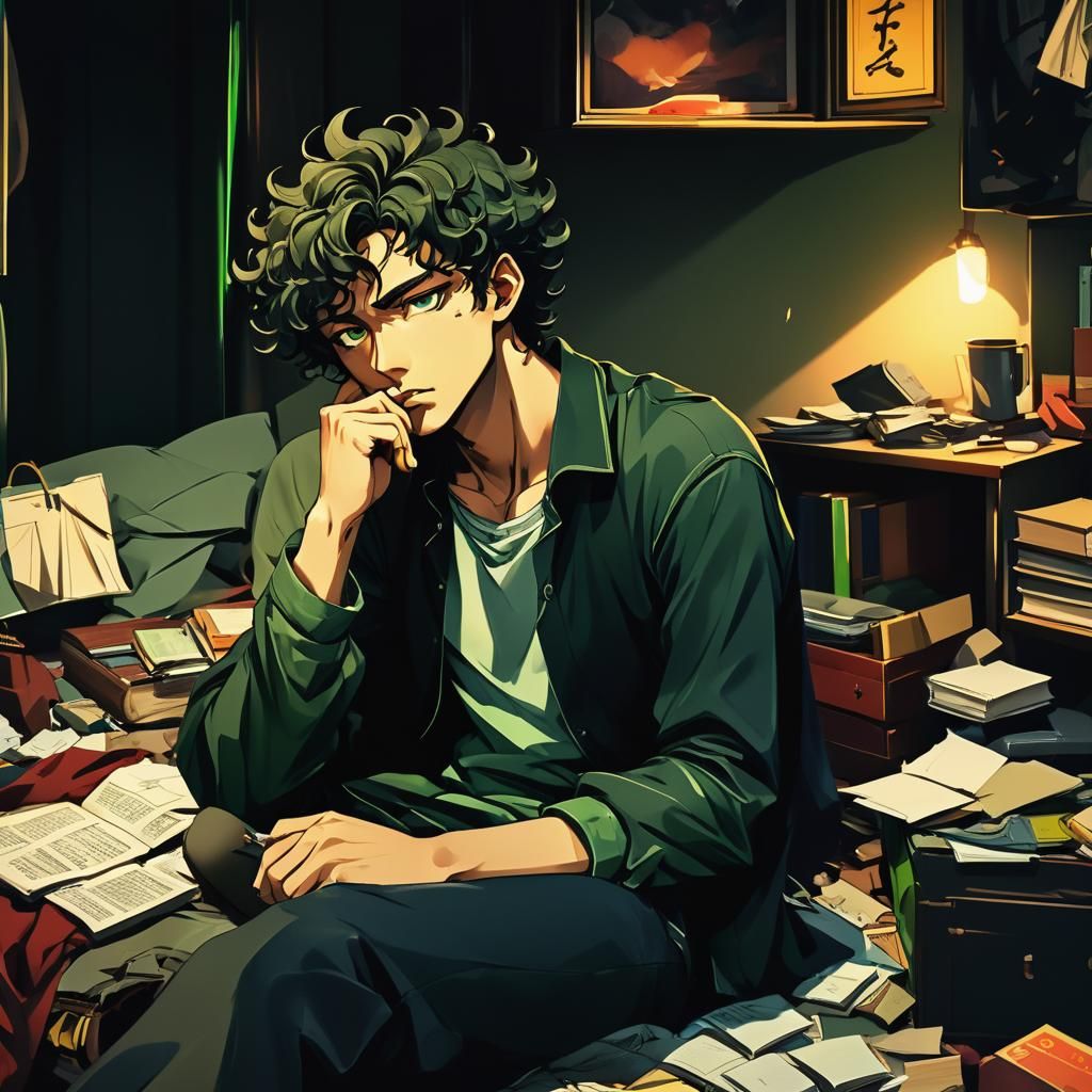 Mysterious Young Man Contemplates Life in a Cluttered Anime-...