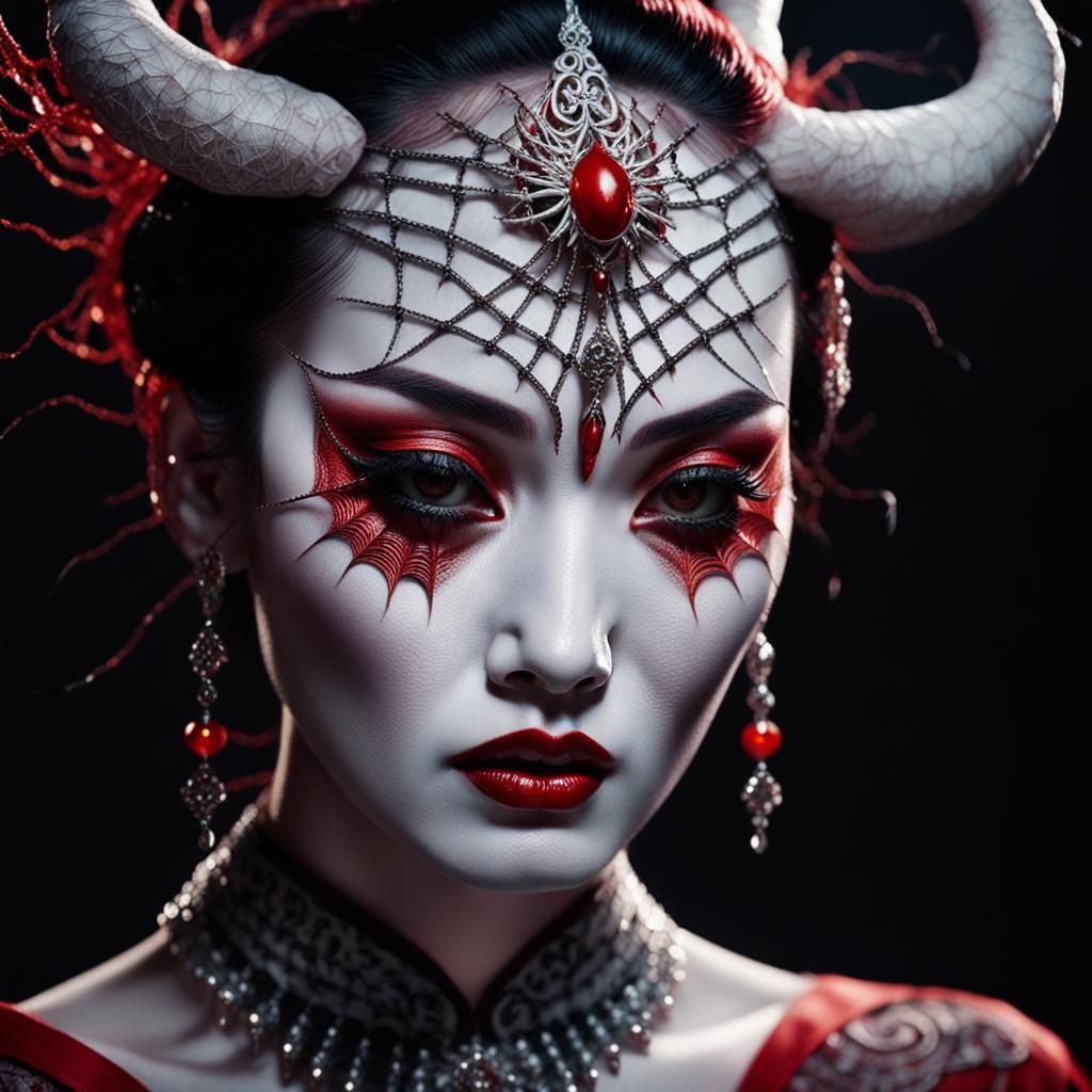 Mysterious Demoness Poses in Vintage Studio, Ultra-Realistic