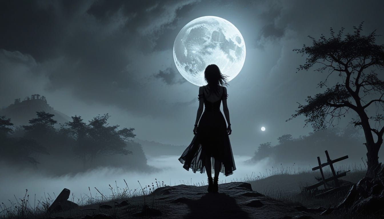 Ethereal Gothic Punk Girl in Moonlit Summer Landscape