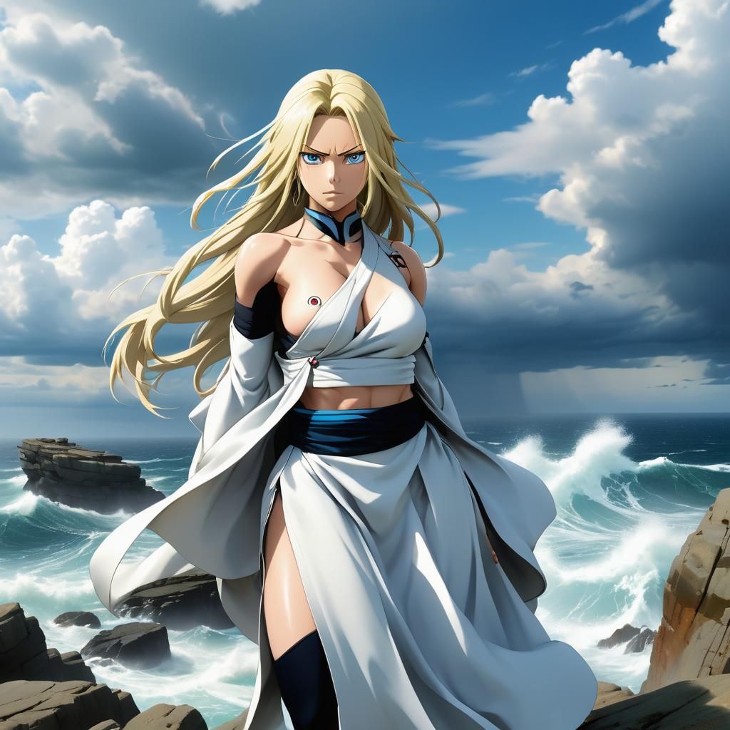 Tsunade Heroic Anime Art on Windswept Rock