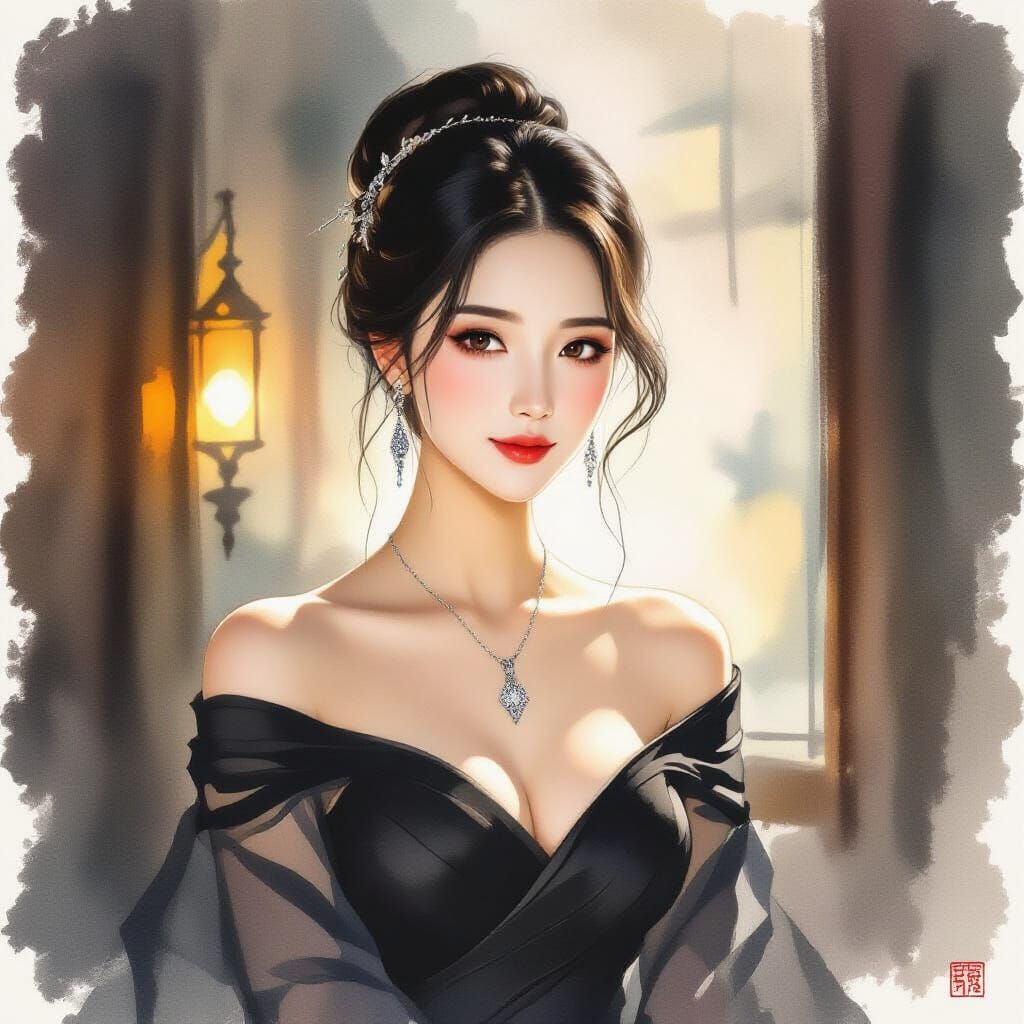 Elegant Chinese Woman in Dimly Lit Room, Watercolor Art