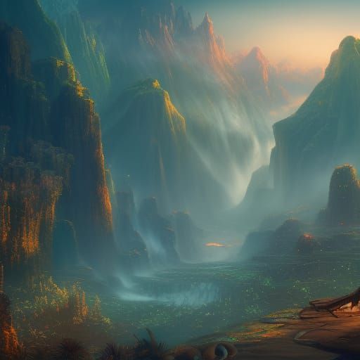 Fantastical Landscape with Human Figure in Detailed Painting