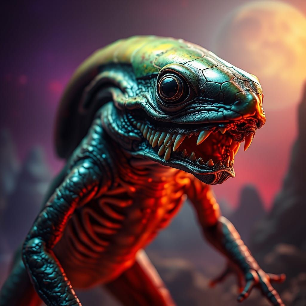 Biomechanical Frog Xenomorph in Vivid, Dreamlike Landscape
