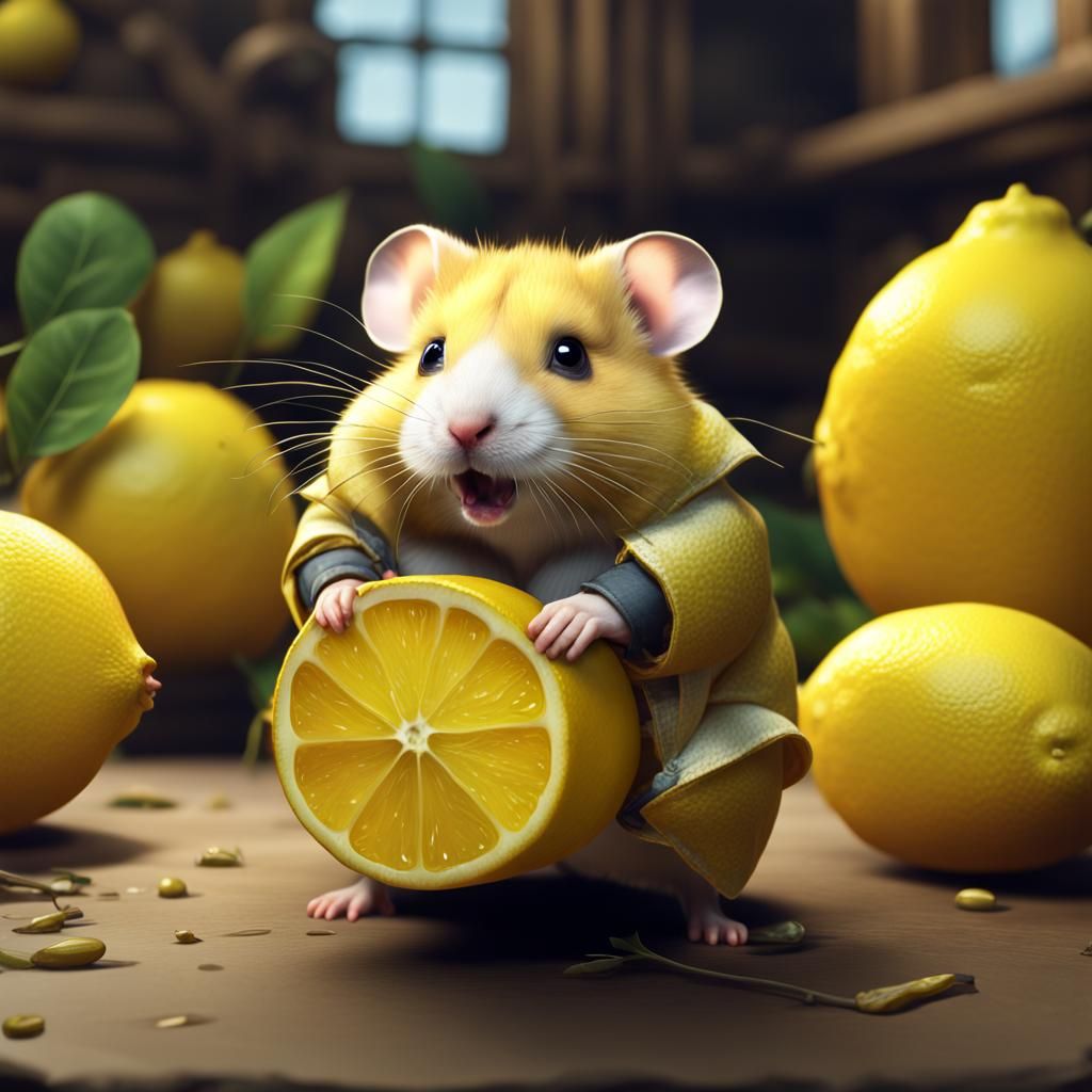 Hamster in Lemon Costume: Detailed Matte Painting