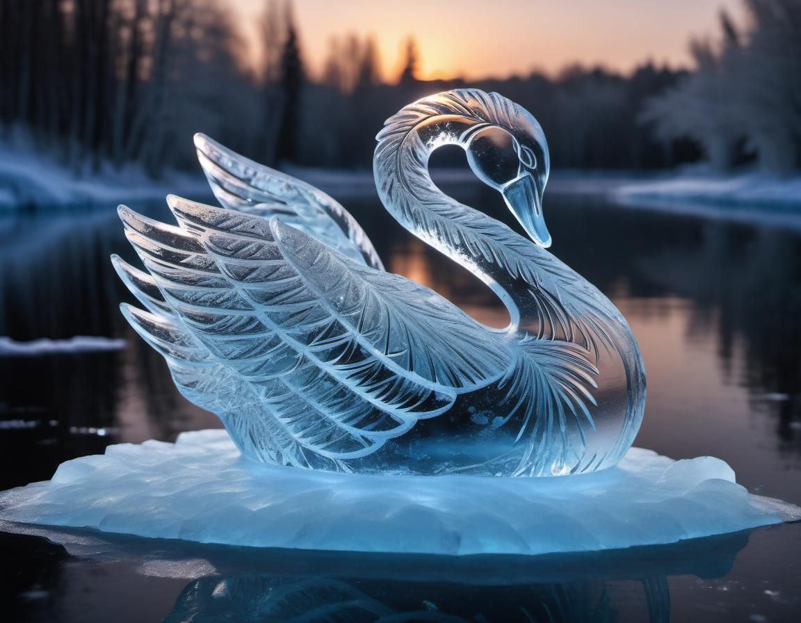 Detailed Ice Swan Sculpture on Frozen Lake