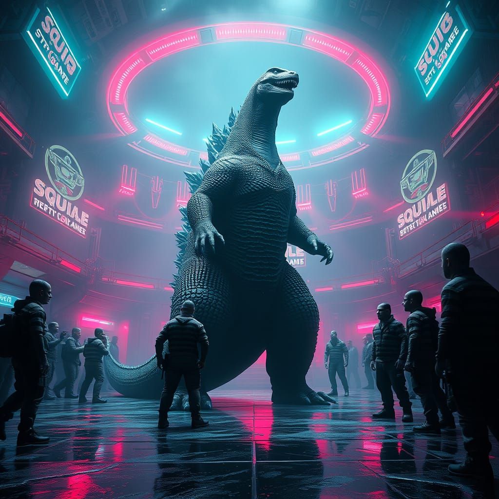 Godzilla Dominates Squid Game Arena in Neon-Lit, Industriali...