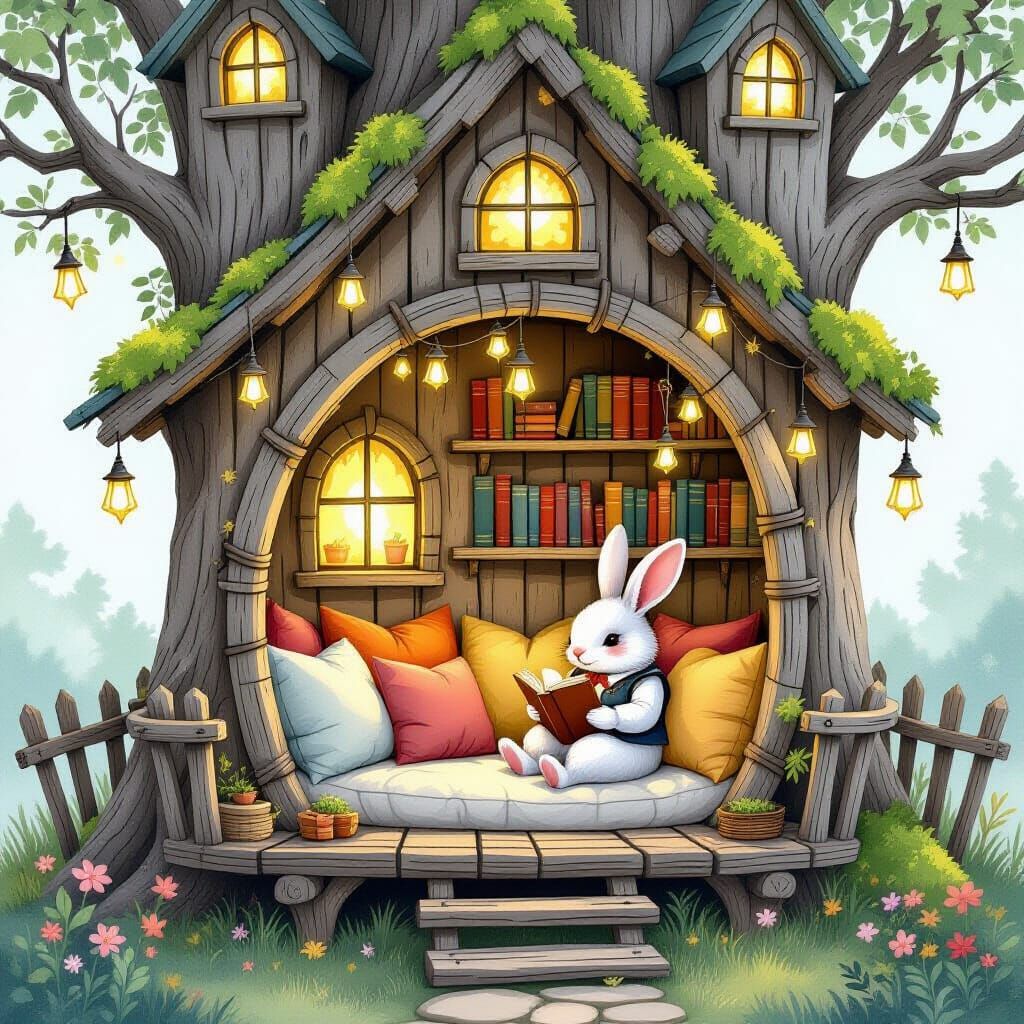 Whimsical Treehouse Reading Nook with Rabbit