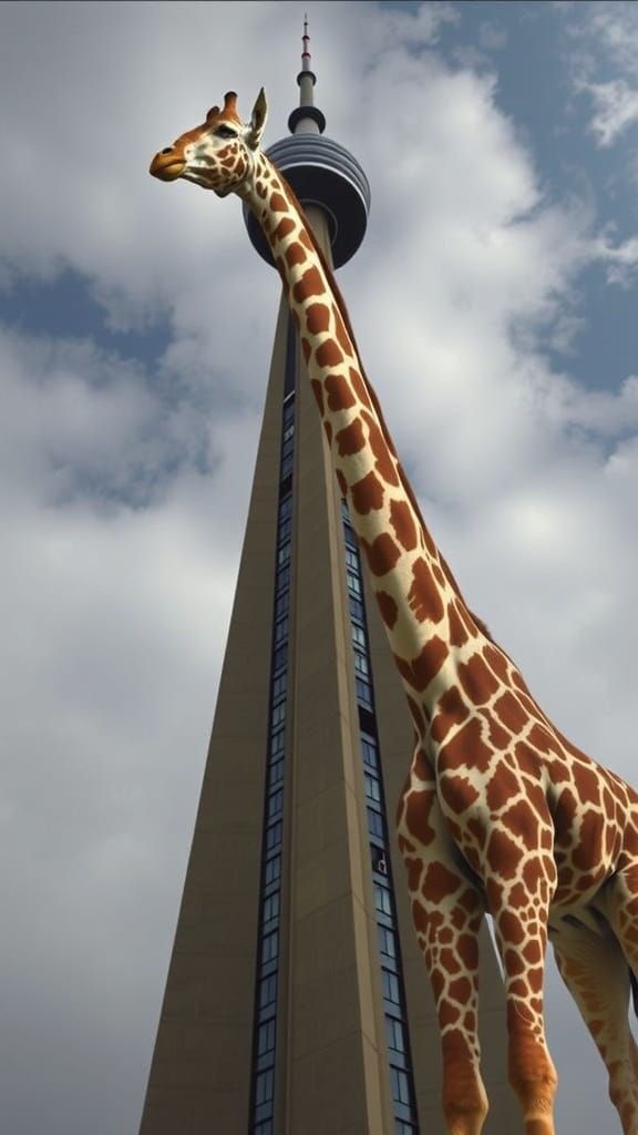 Giant Giraffe Towers Over CN Tower in Realistic Style