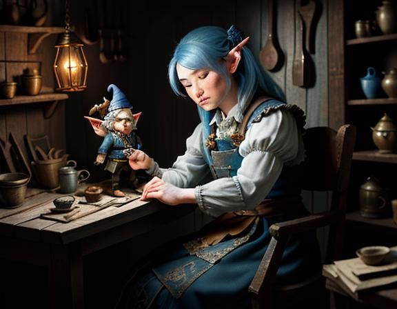 Gnome Repairs Automaton in Dark Fantasy Style