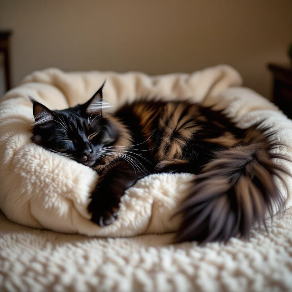 Black and Brown Maine Coon Cat Sleeps on Dog Bed