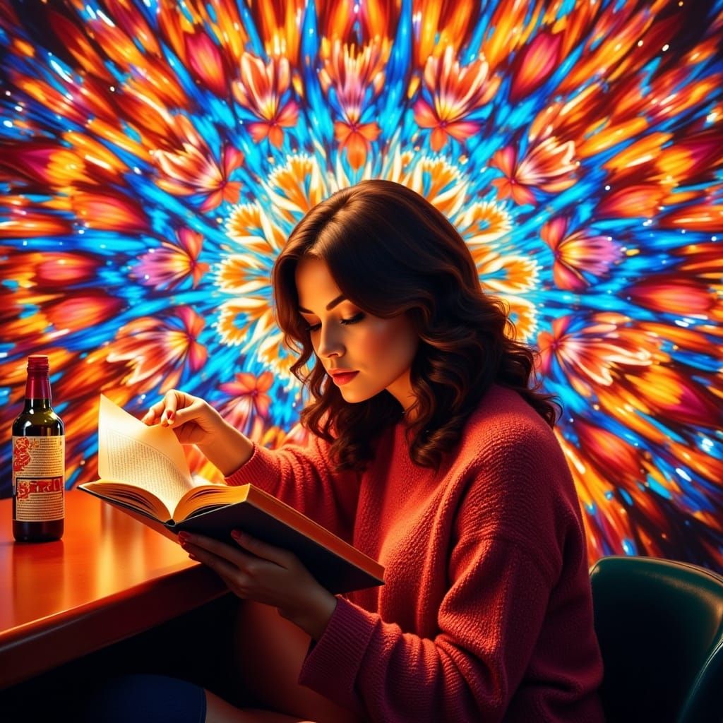 Woman Reading in Bar with Kaleidoscope Flower Background
