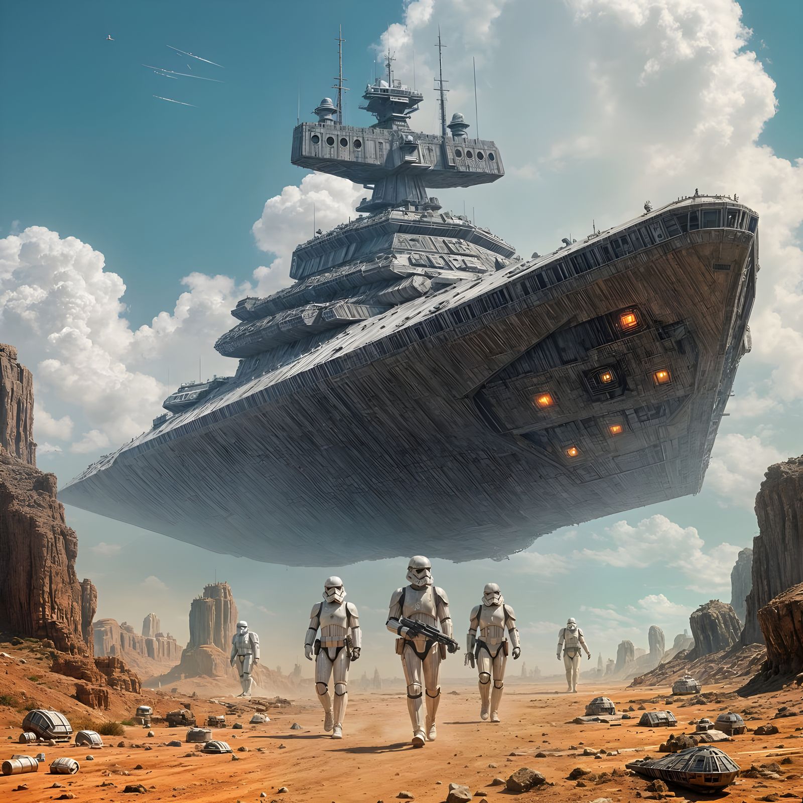Imposing Star Destroyer over War-Torn Planet as Splash Art
