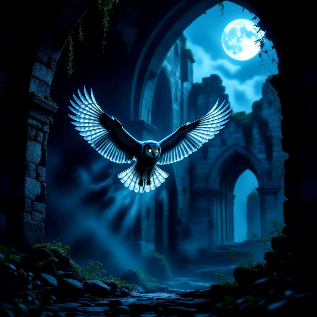 Spectral Owl in Moonlit Castle Ruins