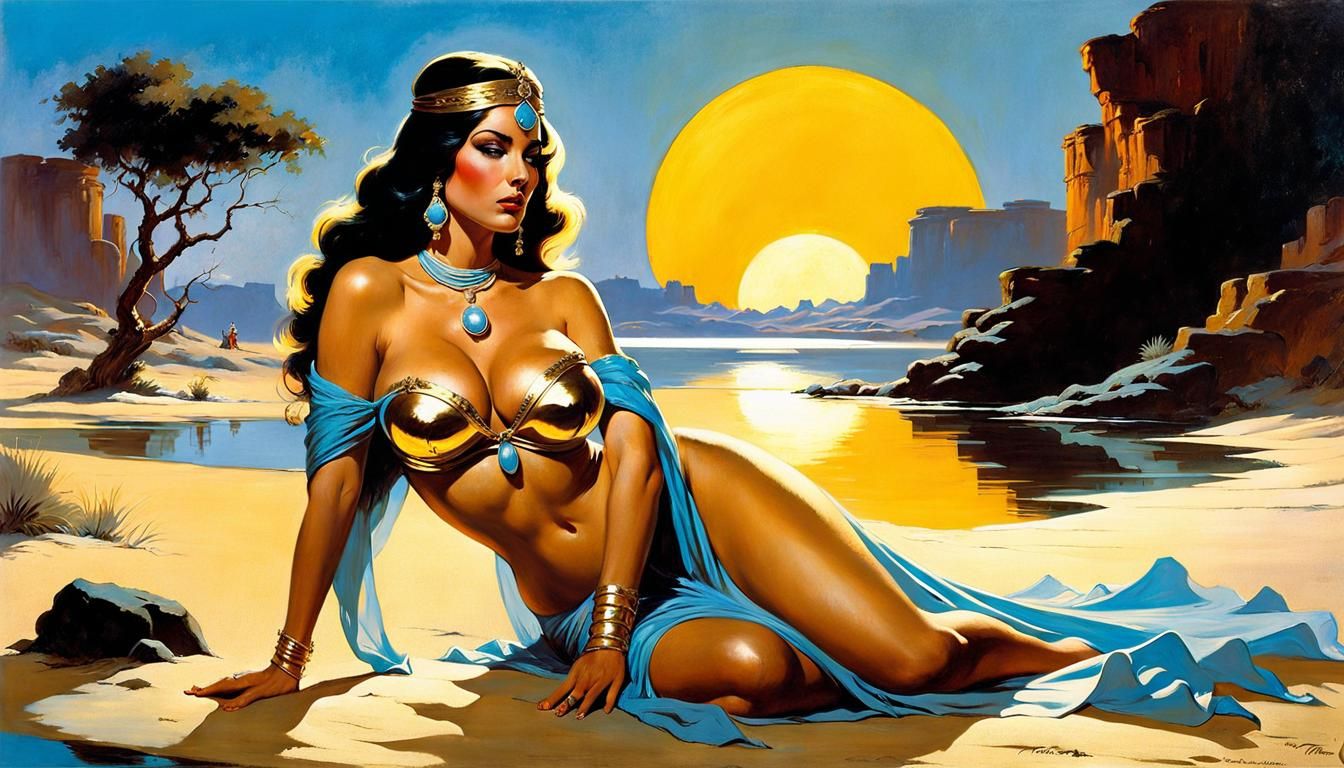 in frank frazetta style in romatic evening 
at a fantasy oasis