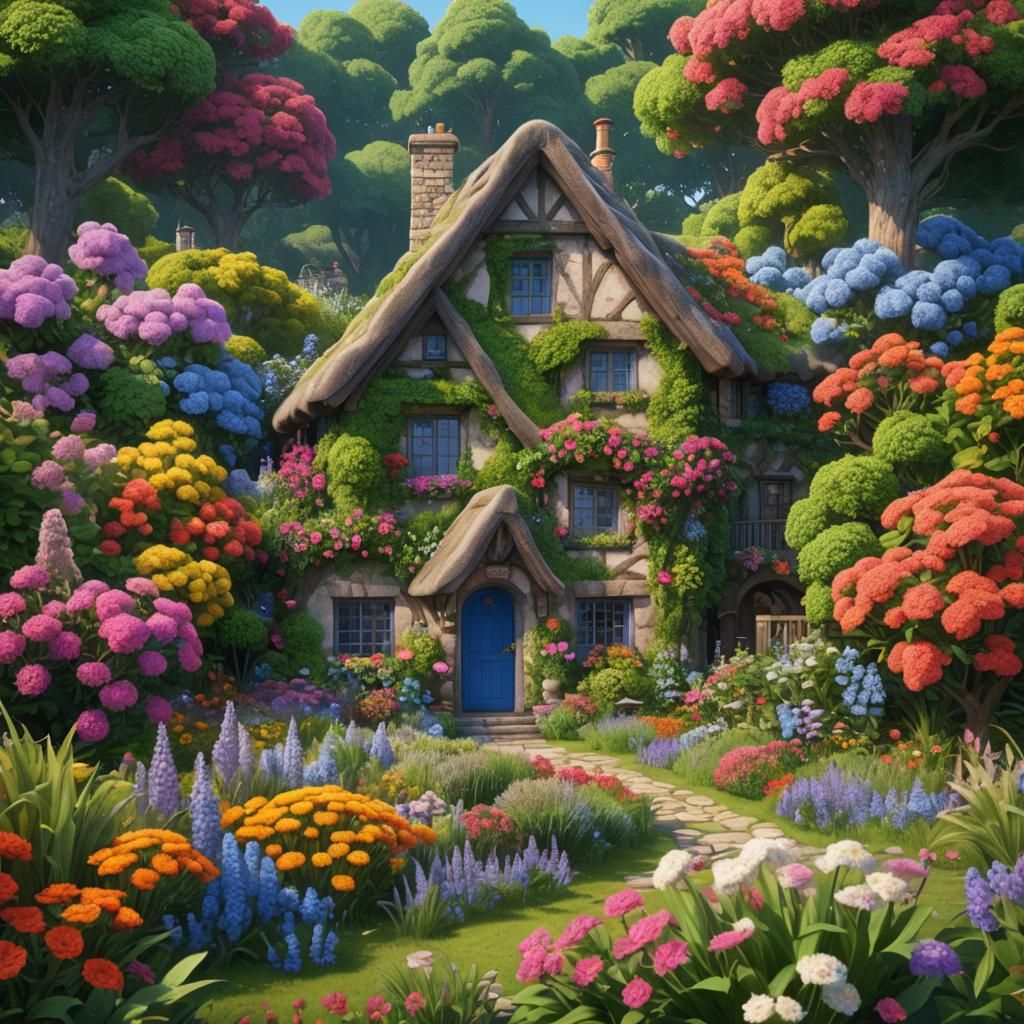 Pointillist Cottage Garden Fantasy in Vivid Colors