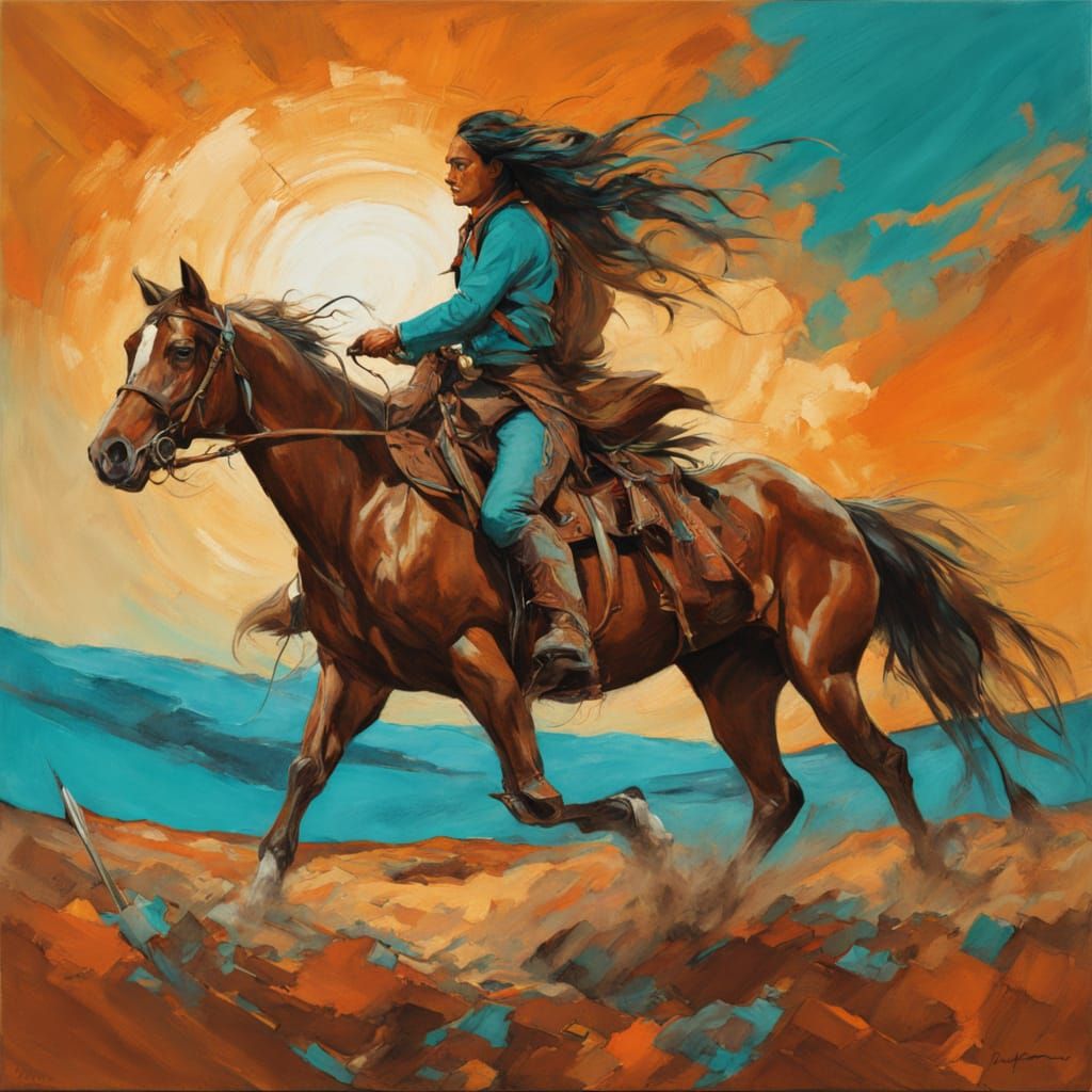 Native American Rider on a Majestic Horse at Sunset