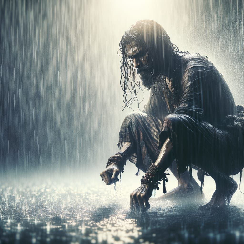 Man in Heavy Rain, Cinematic Lighting, Raw Emotion