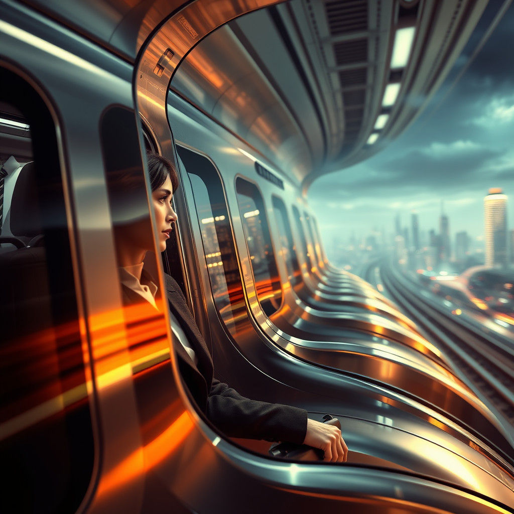 Futuristic Commute: Woman on a Silver Bullet Train