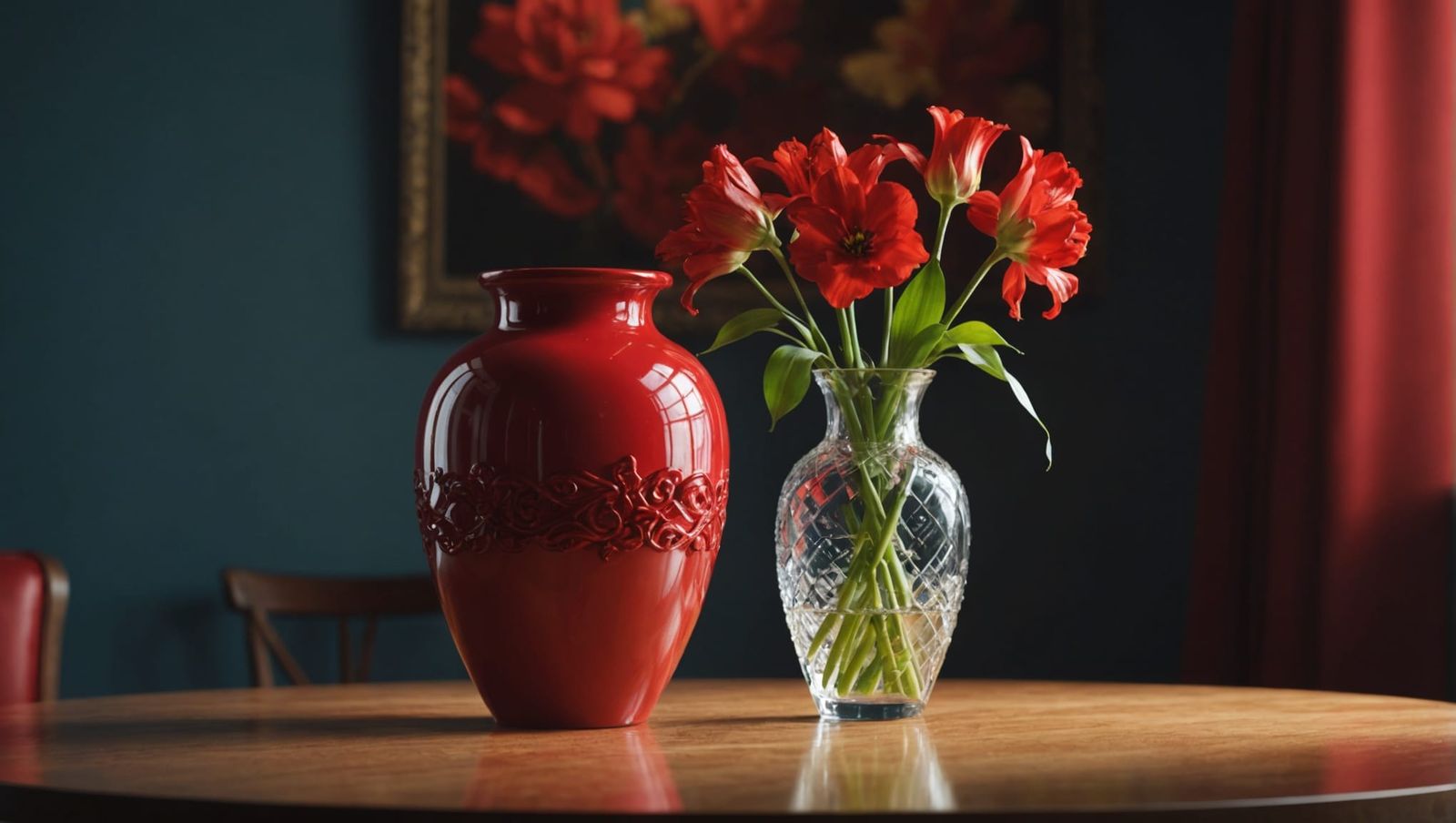 Red Vase on Table: Hyperrealistic Splash Art