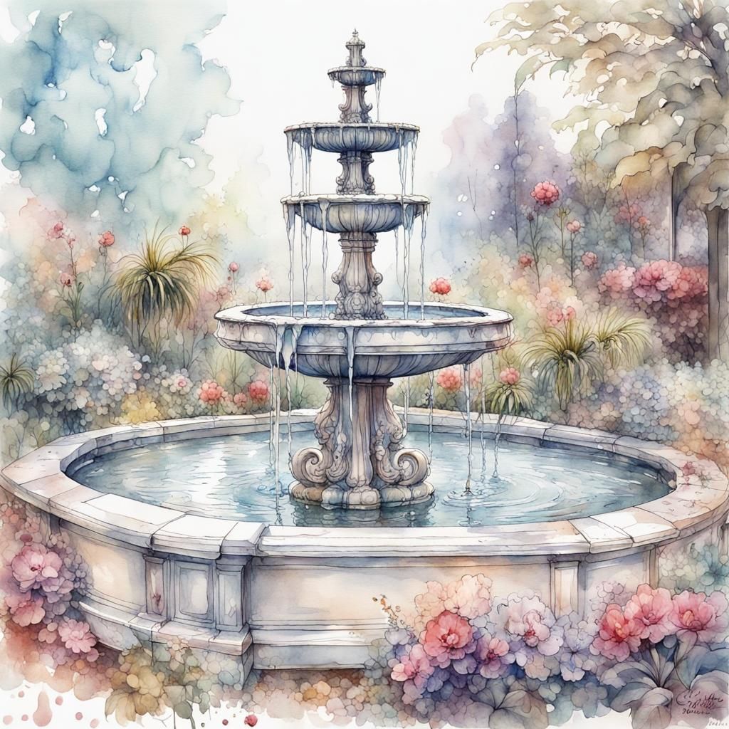 Garden Water Fountain in Digital Watercolor Illustration