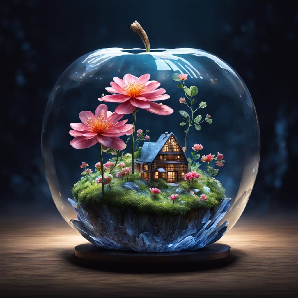 Surreal Floral Paradise Within a Glowing Crystal Orb