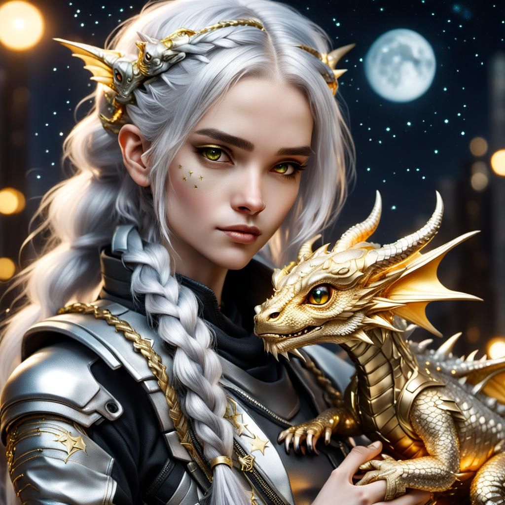 Cyberpunk Girl with Golden Dragon in Golden Hour