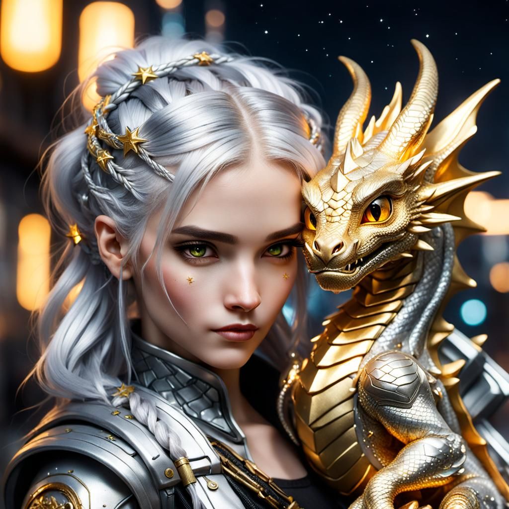 Cyberpunk Girl with Dragon in Golden Hour Lighting