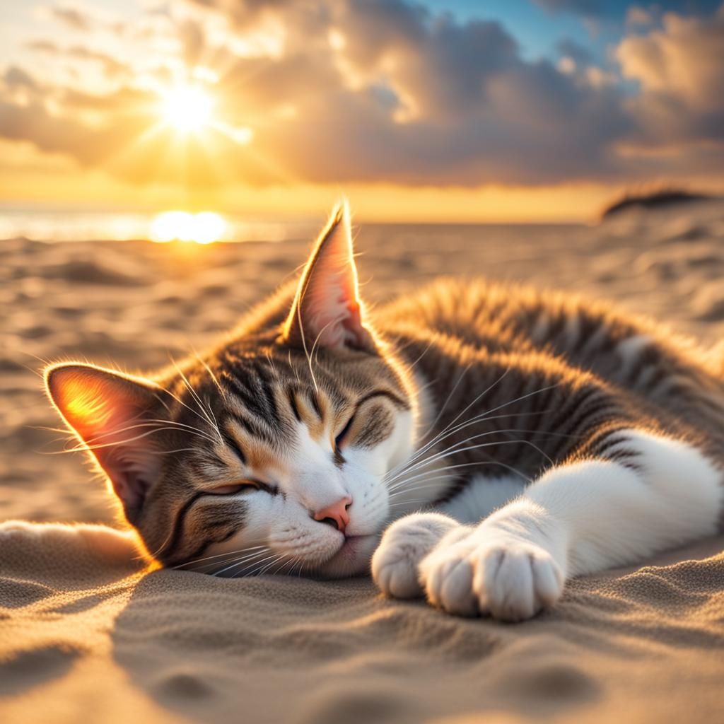 Kitty's Sunset Nap on a Sun-Kissed Beach