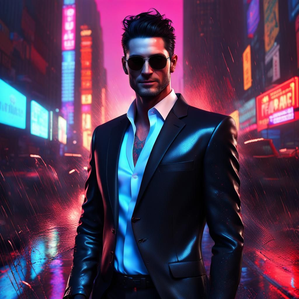 Handsome Man in Shiny Suit with Neon Lights