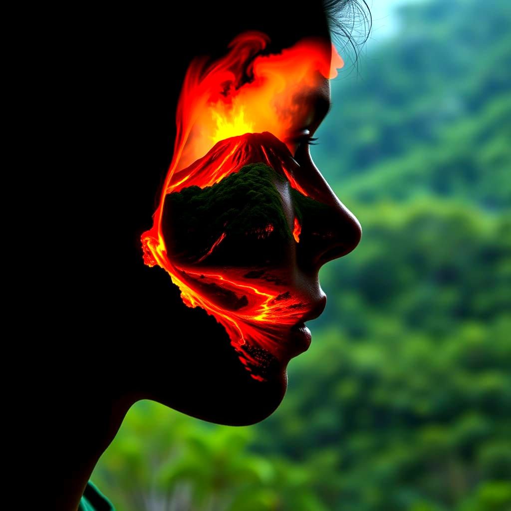 Surreal Double Exposure of Erupting Volcano in Lush Forest