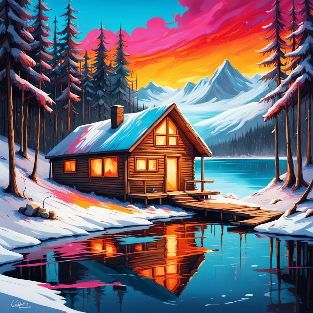 Winter Cabin by Lake in Graffiti Art Style