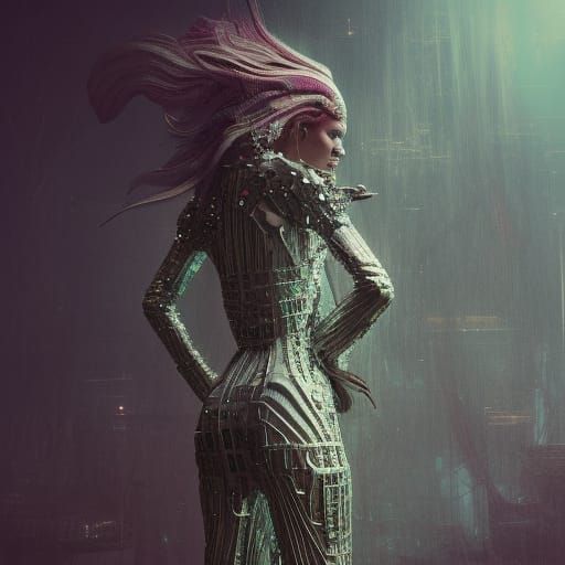 Futuristic Runway Model in Cyberpunk Metallic Dress