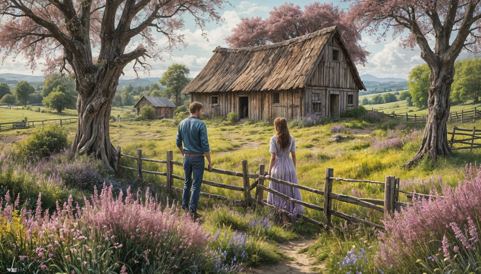 Couple in Field of Heather, Watercolour Digital Art