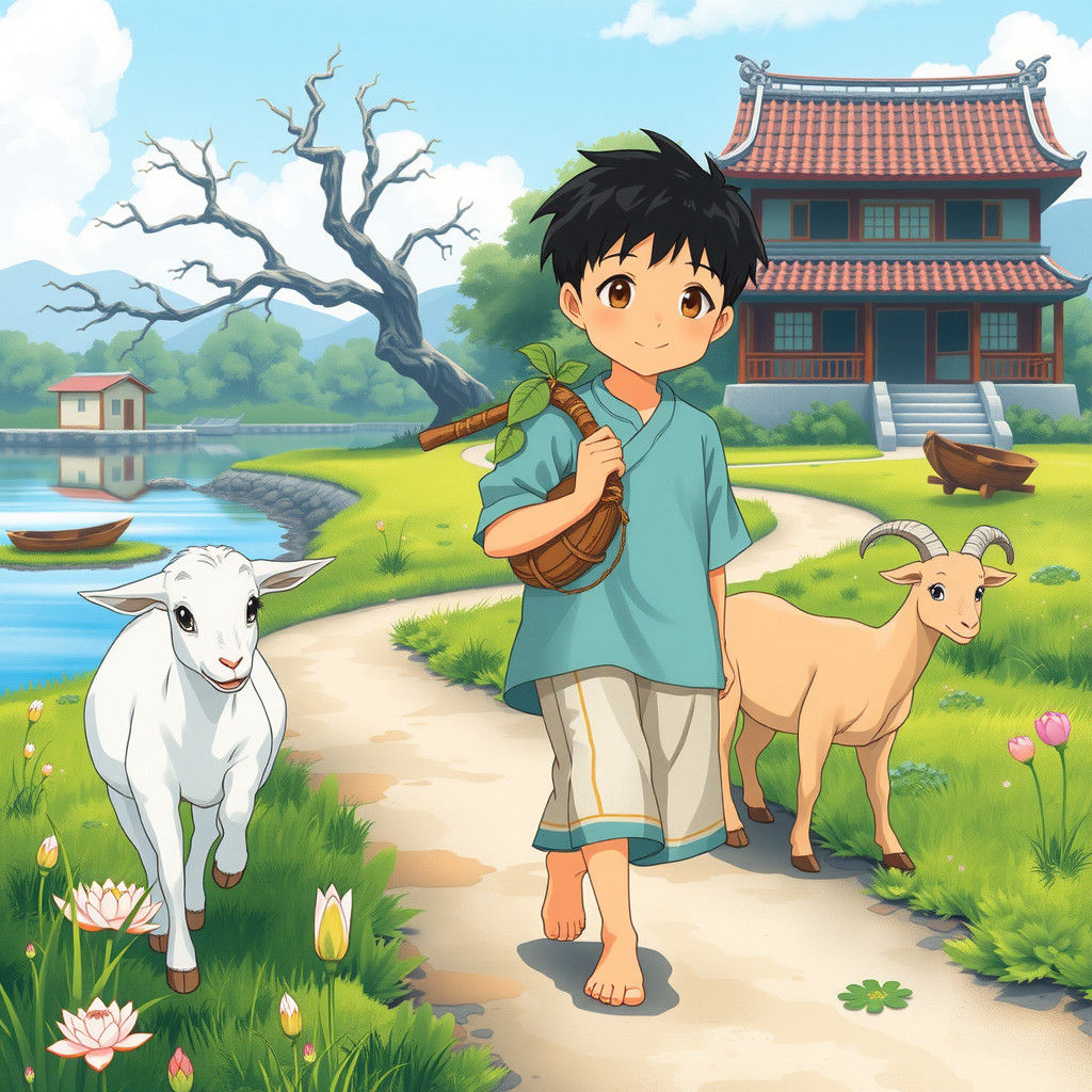 Anime Boy Walking Riverside with Goats