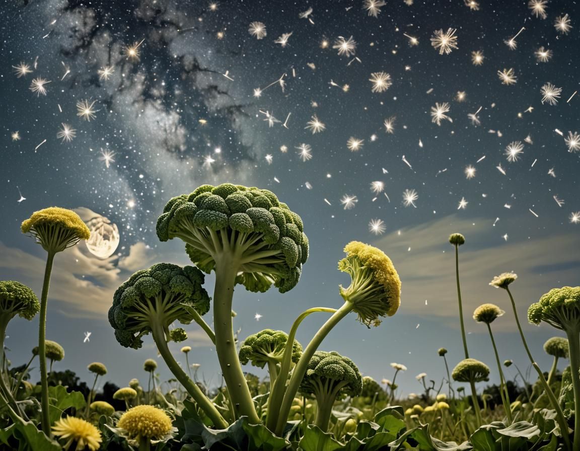 Romanesco Broccoli Entity in Dandelion Field at Night