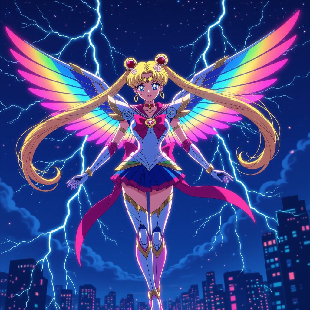 Cyborg Sailor Moon Soaring in Cyberpunk Style
