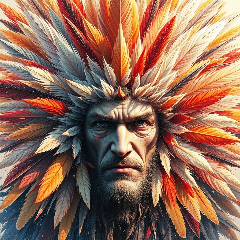 Feather Explosion Portrait: Dynamic Art in Contrasting Color...