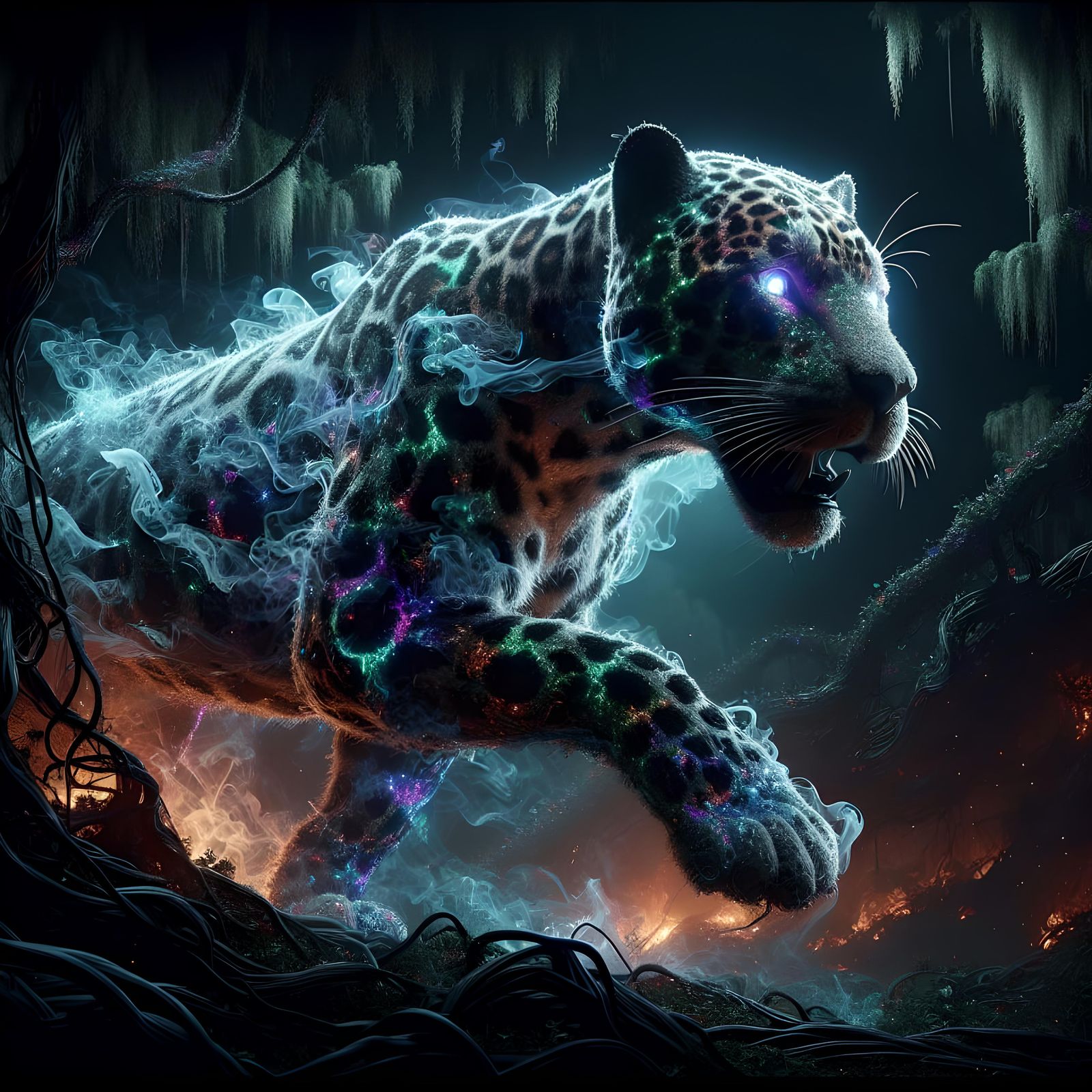 Holographic Smoke Jaguar in Dark Jungle: 3D Rendering