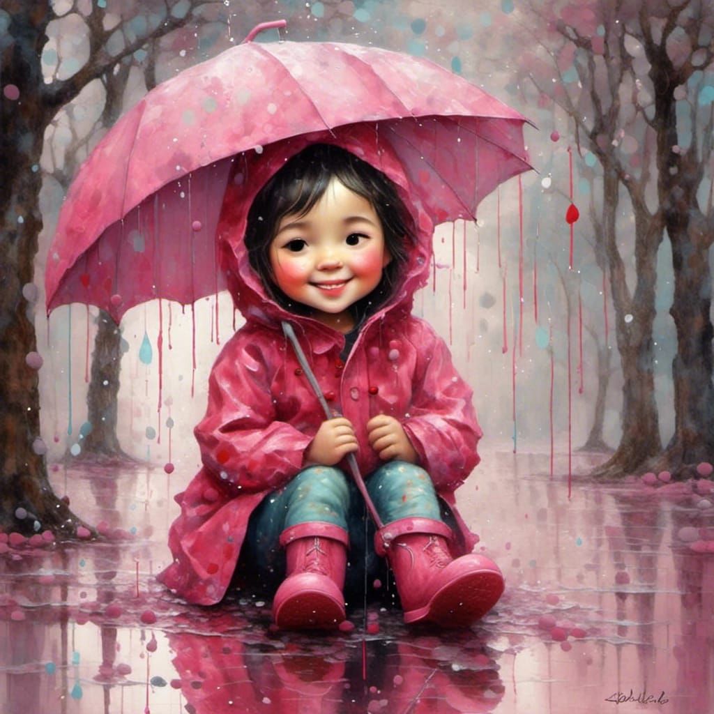 Toddler Laughing in Rainy Park Puddles: Painterly Style