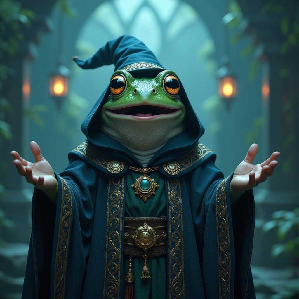 Shocked Frog Wizard in Dreamlike Environment