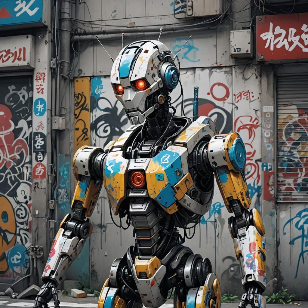 Hyperrealistic Graffiti Robot in Cyberpunk Anime Style