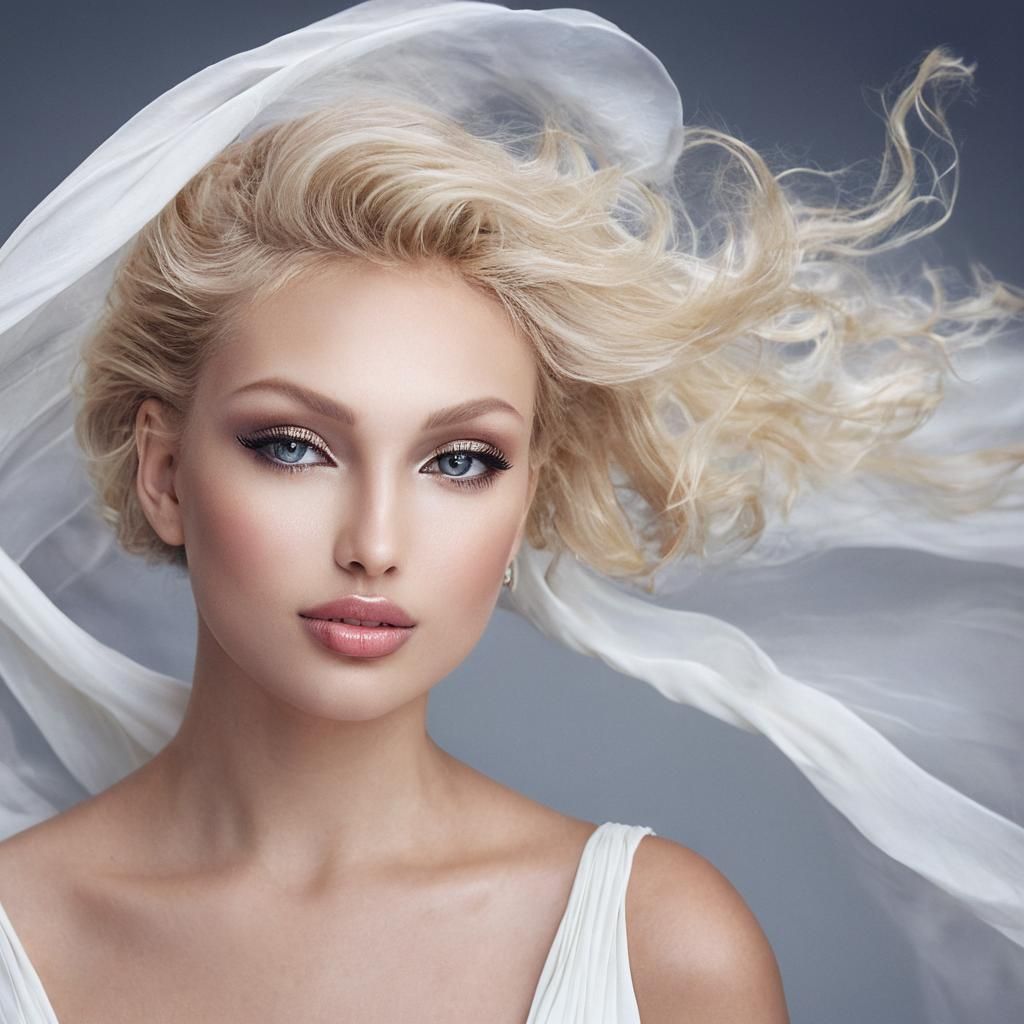 Blonde Woman in Flowing White Dress: Glamour Portrait