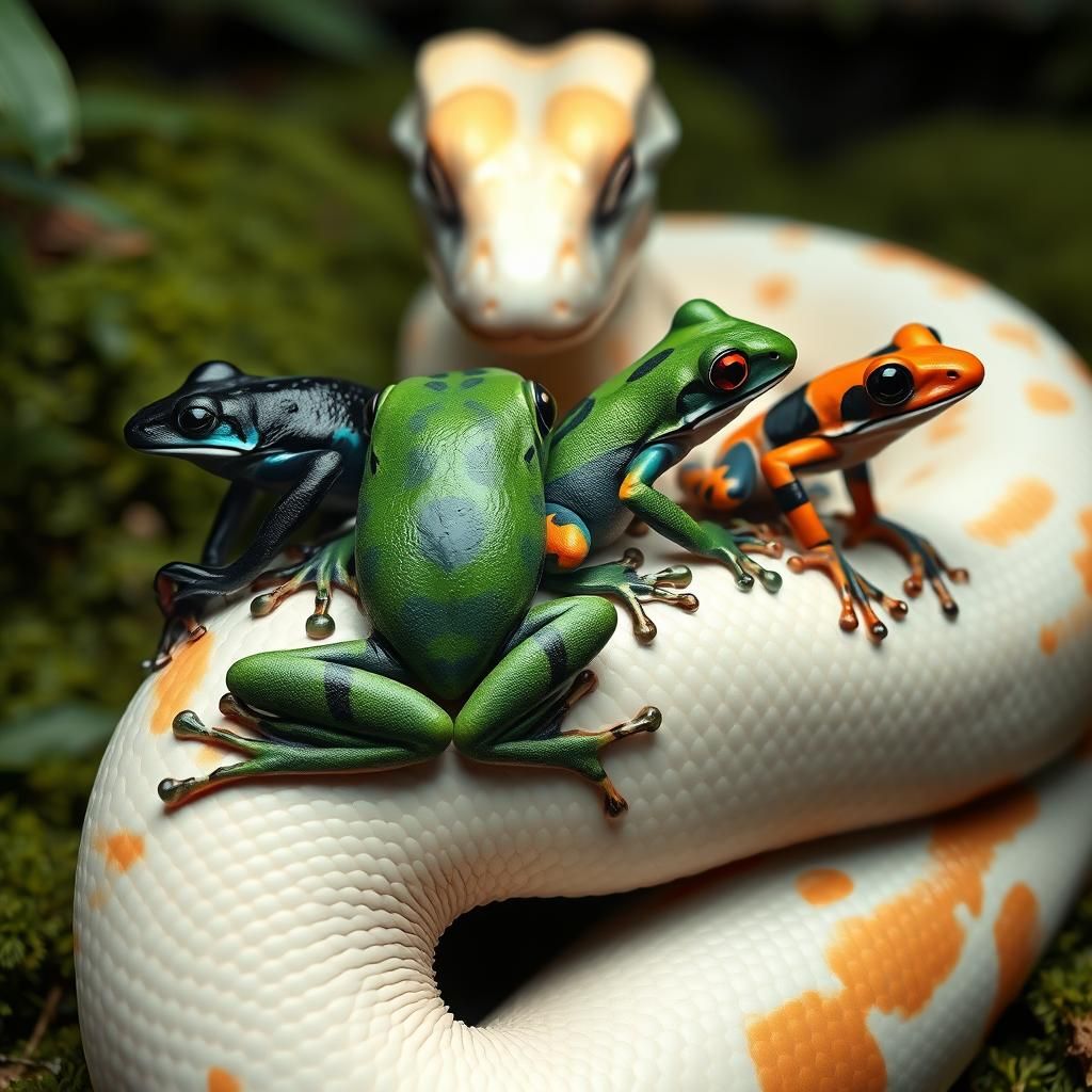 Colorful Frogs Relaxing on a Scaly Serpent