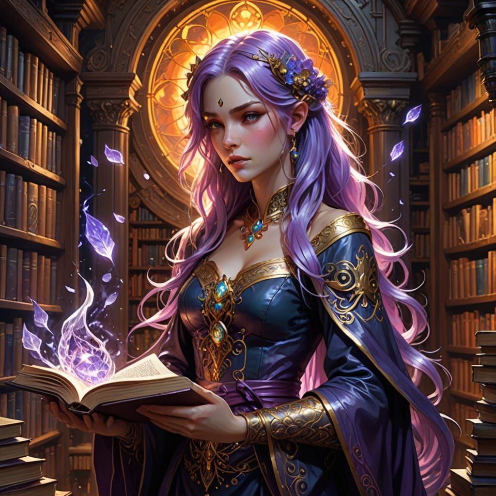 Sorceress in Library, Alphonse Mucha Style