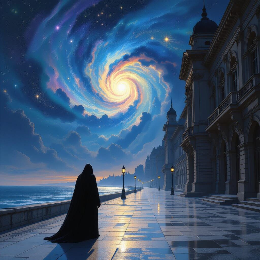 Lone Figure on Seaside Boulevard Under Cosmic Sky